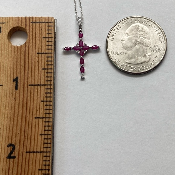 10K White Gold Marquise Shape Natural Ruby and Diamond Cross Pendant and Chain - Picture 8 of 8